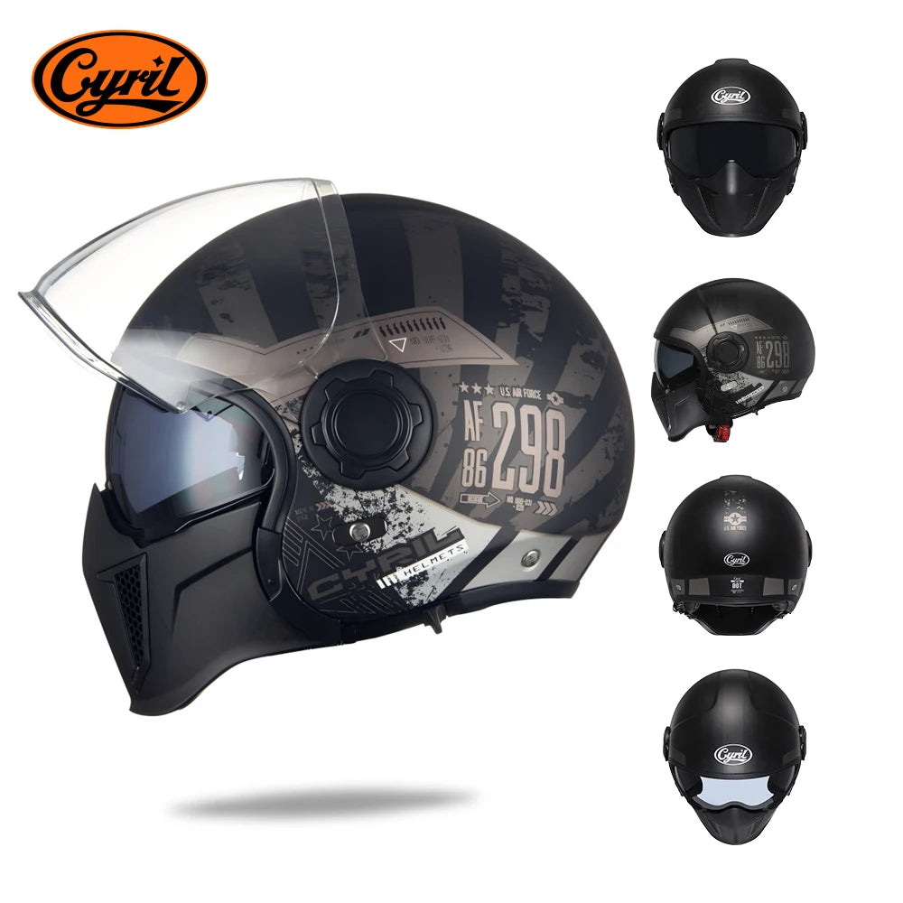 CYRIL OP12A Open-Face Motorcycle Helmet - Double-Lens Modular Retro Helmet for Men and Women, DOT and ECE Certified