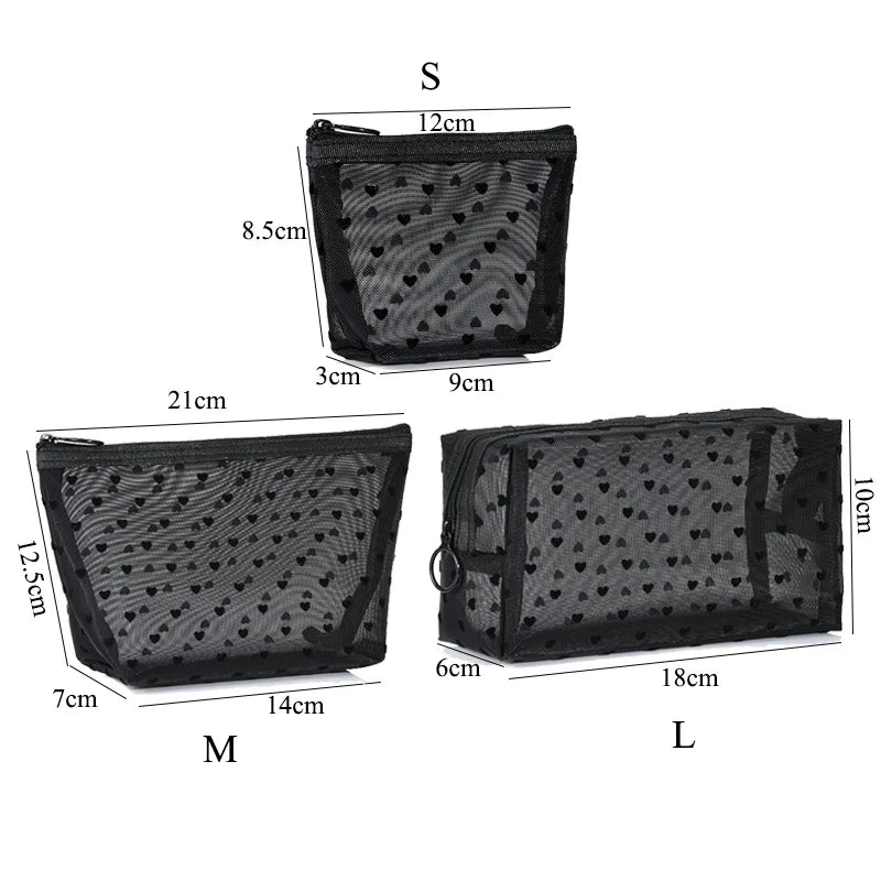 Transparent Mesh Zipper Cosmetic Bag – Fashionable Black Toiletry Organizer, Small & Large Makeup Pouch for Women