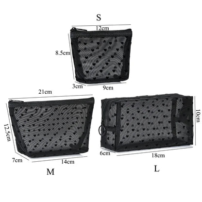 Transparent Mesh Zipper Cosmetic Bag – Fashionable Black Toiletry Organizer, Small & Large Makeup Pouch for Women