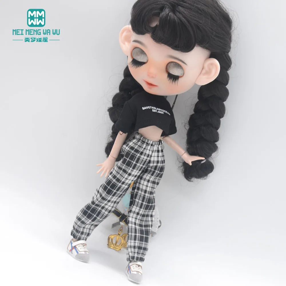 Blythe Doll Clothes – Fashion Tops, Black & White Shirts with Jeans & Plaid Pants for Azone OB22/OB24 Dolls