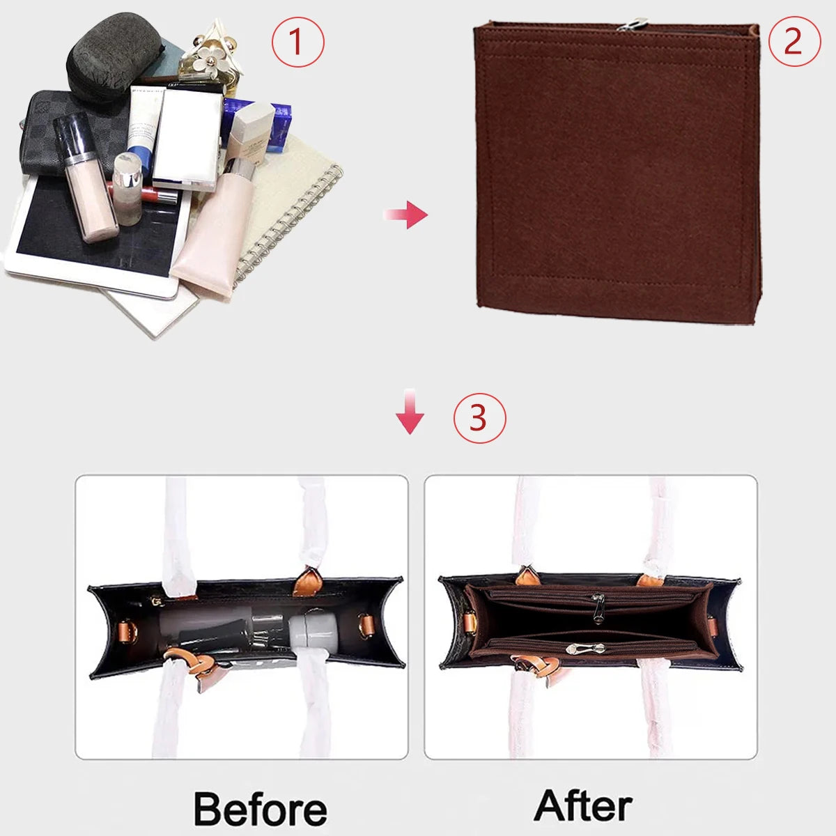 Vertical Tote Insert Organizer — Felt Liner with Pockets for Wallets, Cosmetics & Handbag Storage