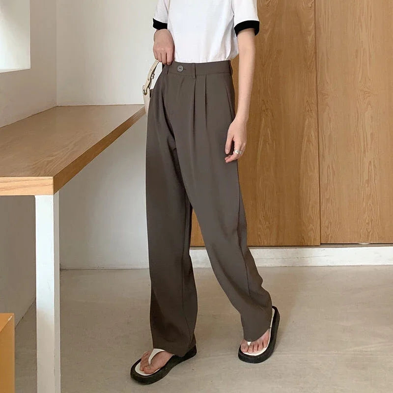 High Waist Women’s Suit Pants – Straight Office Trousers, Casual Button Loose Black Pants for Fall 2024