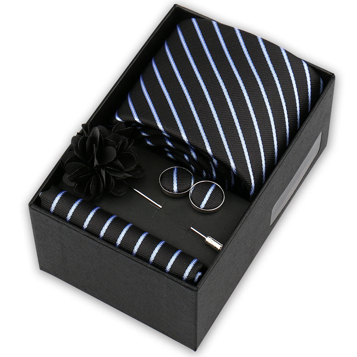 Men’s 4-Piece Tie Set Gift Box - Elegant Necktie with Handkerchief, Cufflinks & Brooch for Business, Wedding & Suit Accessories