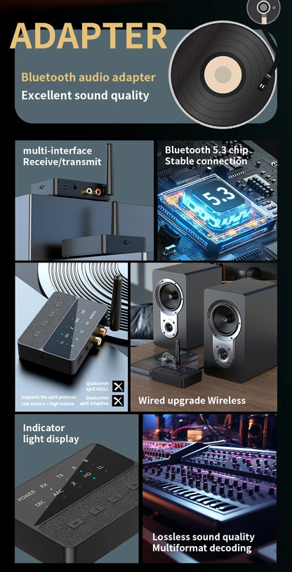 Qualcomm Bluetooth 5.3 aptX/HD/LL Audio Adapter | 3.5mm AUX, R/L Wireless Stereo Receiver & Transmitter for Dual Bluetooth Device Connection