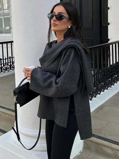 ZBZA Women’s Asymmetric Scarf Knitted Jacket – O Neck Single Button, Side Slit Loose Coat, Winter Chic Outerwear
