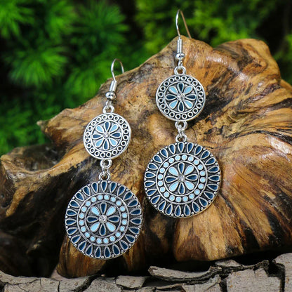 Blue Alloy Turquoise Bohemian Earrings - Retro Geometric Multi-Layer Statement Jewelry