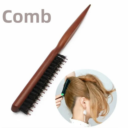 Professional Salon Teasing Brush – Boar Bristle Wood Slim Comb for Backcombing, Hair Extensions & DIY Styling