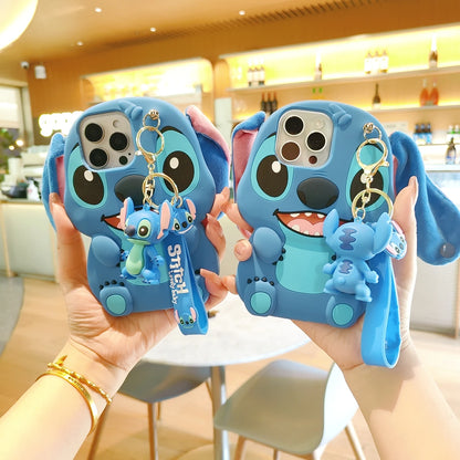 3D Cartoon Stitch Keychain Plush Phone Case with Ear Cover – Compatible with Samsung Galaxy S23/S24/S25 Ultra & A14-A34 Series
