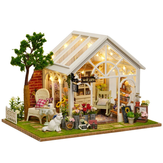 DIY Wooden Sunshine Greenhouse Cottage – Miniature Dollhouse Kit with Furniture for Friends' Gifts