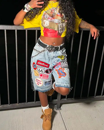 Unisex Y2K Rock Hip Hop Patchwork Denim Shorts – Retro Blue Baggy Cartoon Pattern Casual & Basketball Fitness Shorts