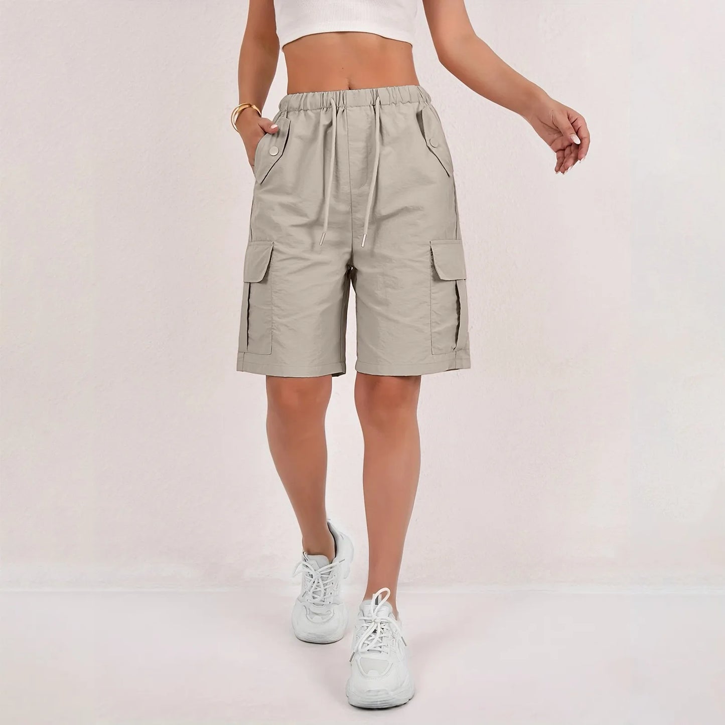 Women’s High-Waisted Cargo Shorts - Loose Straight-Leg Drawstring Sports Shorts with Multiple Pockets