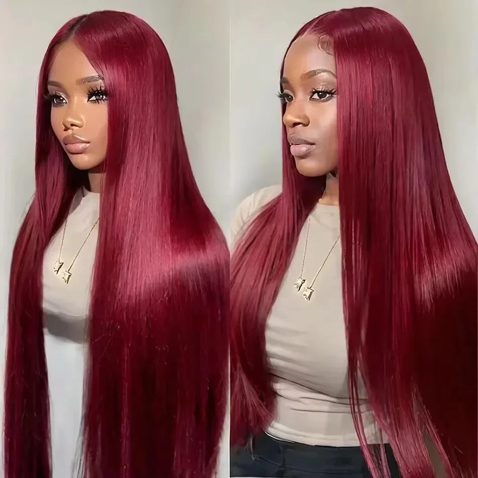 99J Burgundy Lace Front Human Hair Wig – Straight 13x4 HD Transparent Full Lace Frontal, Red Glueless Wig for Women