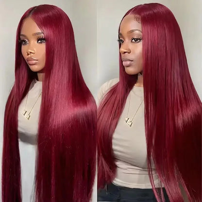 99J Burgundy Lace Front Human Hair Wig – Straight 13x4 HD Transparent Full Lace Frontal, Red Glueless Wig for Women