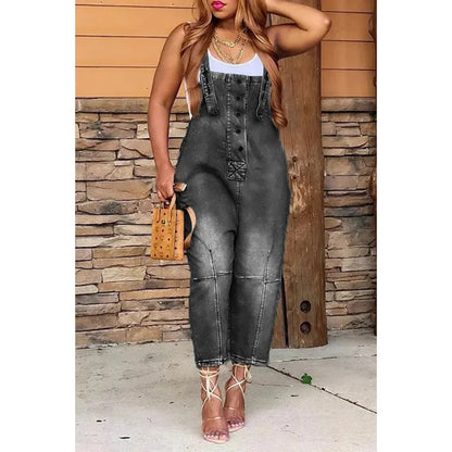 Women's Denim One Piece Jumpsuit - Sleeveless Straight Leg Overalls Romper for Casual & Office Wear