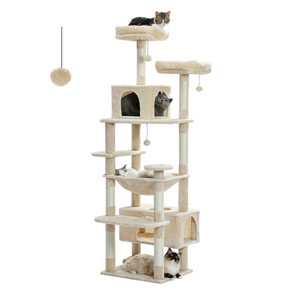 Large Indoor Cat Tree Tower with Sisal Scratching Posts, Hammock, Padded Perches & Condos – Cat Toys and Activity Center