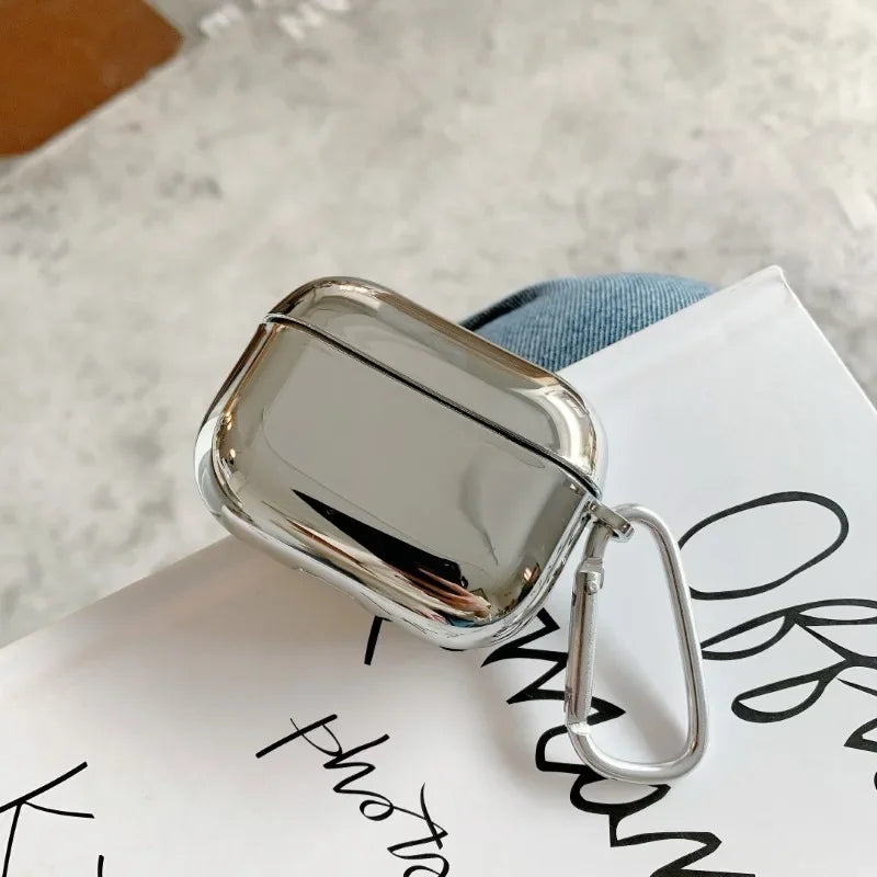 Electroplated Silver AirPods Protective Case - Mirror Finish Cover with Hook for AirPods 1/2/3/4 & Pro 2/3
