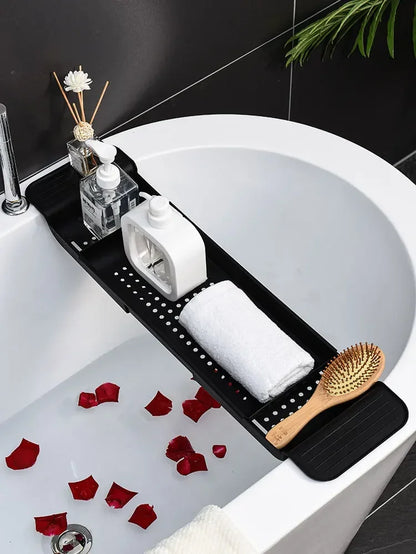 Extendable Bamboo Bathtub Shelf – Bathroom Tray & Shower Caddy for Towel, Book & Storage Organizer