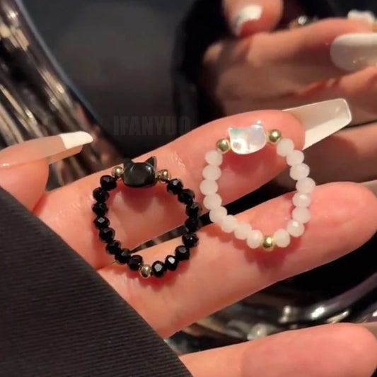 Cat Shape Bead Rings - Minimalist Black & White Finger Toy Rings for Men & Women Party Jewelry Accessories