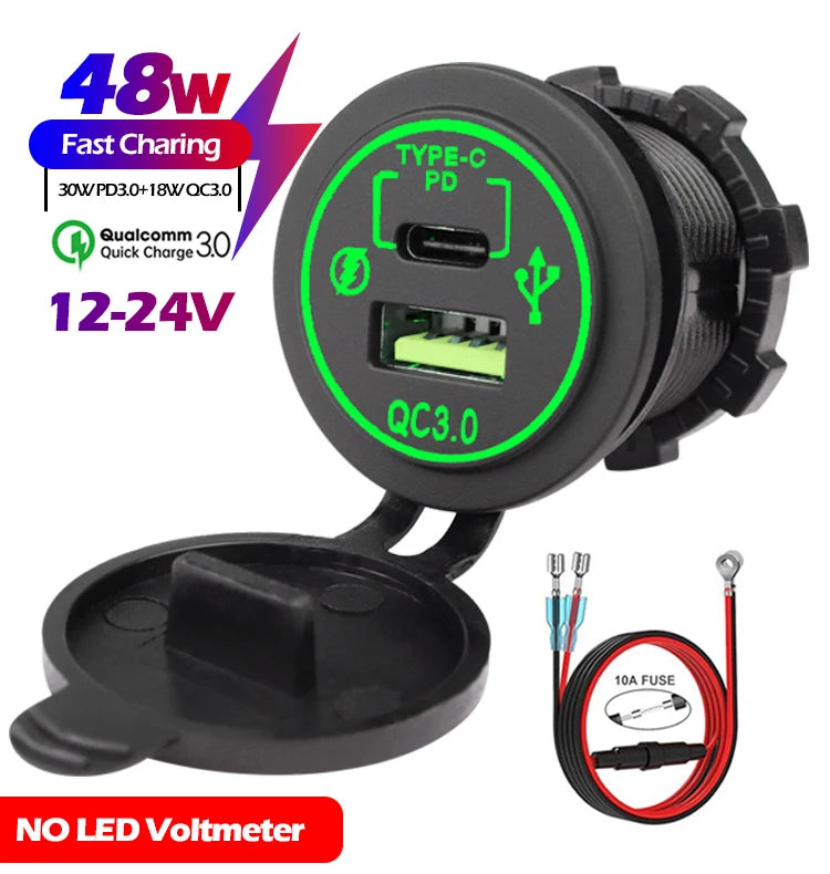 48W Quick Charge 3.0 Waterproof USB Car Charger 12V/24V PD Type-C + QC3.0 Dual USB Fast Charging Socket with LED Voltmeter for Cars, Trucks & Boats