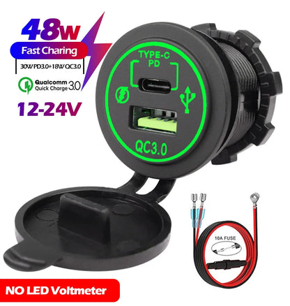 48W Quick Charge 3.0 Waterproof USB Car Charger 12V/24V PD Type-C + QC3.0 Dual USB Fast Charging Socket with LED Voltmeter for Cars, Trucks & Boats
