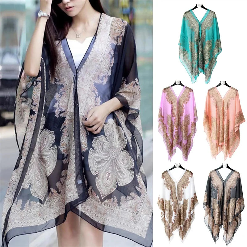 Women’s Summer Beach Shawl – Loose Chiffon Bikini Cover-Up Blouse with Buttons Sun Protection Scarf
