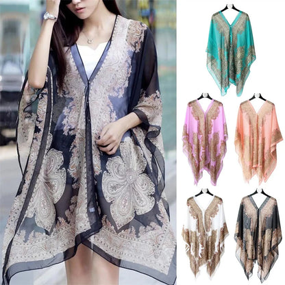 Women’s Summer Beach Shawl – Loose Chiffon Bikini Cover-Up Blouse with Buttons Sun Protection Scarf