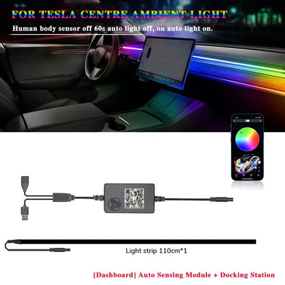 2-in-1 Dynamic Neon RGB Car LED Ambient Lighting – Auto OFF 60s Module for Tesla Model 3 & Y Dashboard Decoration
