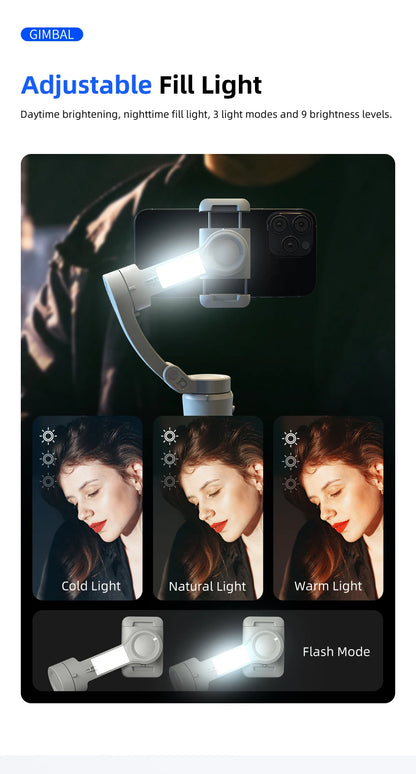 TOKQI M01 3-Axis Handheld Gimbal Stabilizer – Anti-Shake Foldable Holder, Selfie Tripod with Fill Light for iPhone & Smartphones