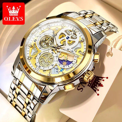 OLEVS Luxury Men's Quartz Watch – Gold Skeleton Style, Waterproof, 24-Hour Day/Night, Top Brand