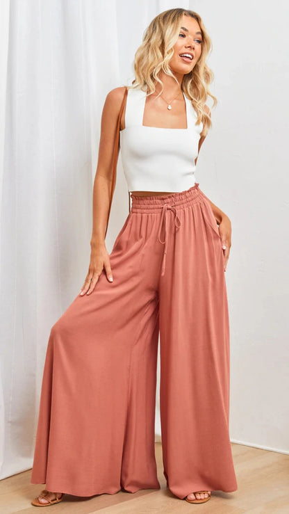 Women’s Summer Wide Leg Pants – Elastic Waist Casual Loose Fit Trousers Breathable Beach Lounge Pants