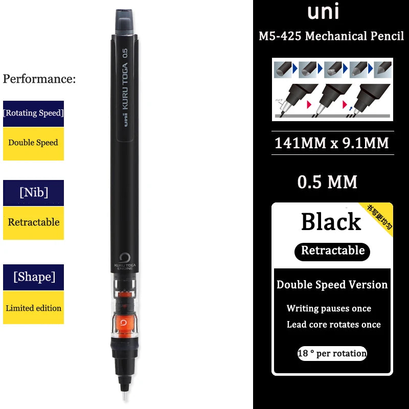 UNIStationery Automatic Mechanical Pencil — 0.5mm Anti-Slip Grip, Rotating Refillable Pen with Anti-Break Core