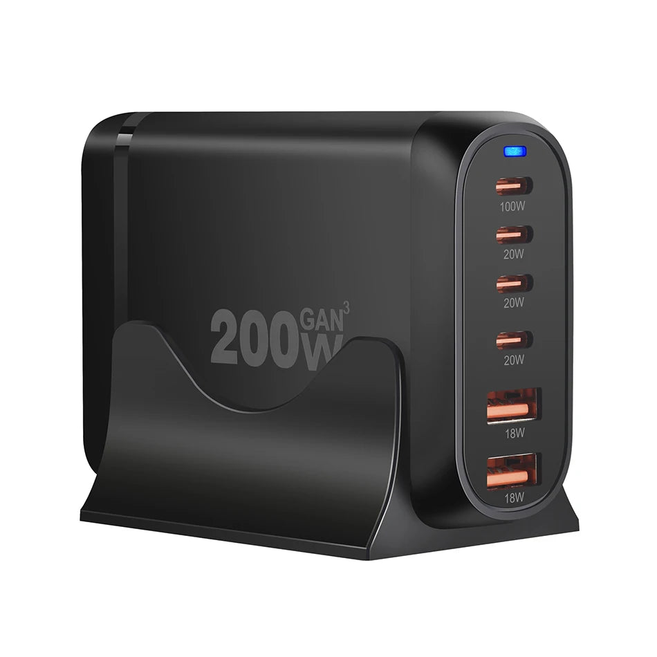 UHOMEBUY 200W GaN Desktop Charger - 6-Port USB Type C with 100W PD & Quick Charge 3.0 Fast Mobile Charger