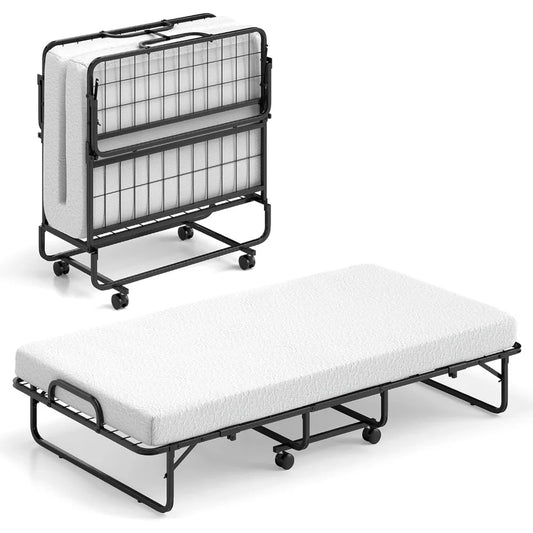 Foldable Twin Size Rollaway Bed with Mattress – Space Saving Portable Guest Bed with Memory Foam, Adult Folding Bed for Home & Travel
