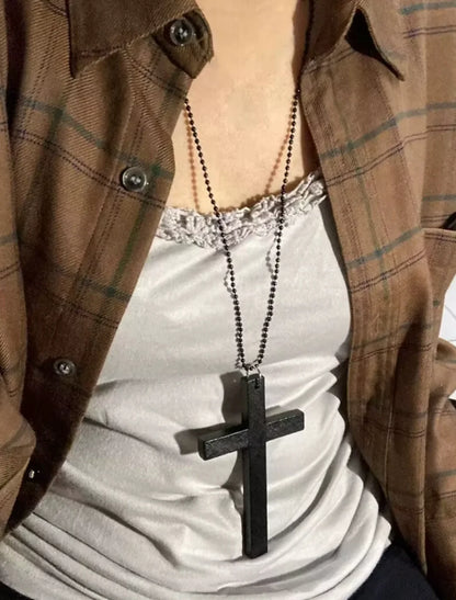 Trendy Punk Gothic Wood Cross Pendant Necklace for Men & Women – Vintage Black Hip Hop Y2K Party Jewelry Gift