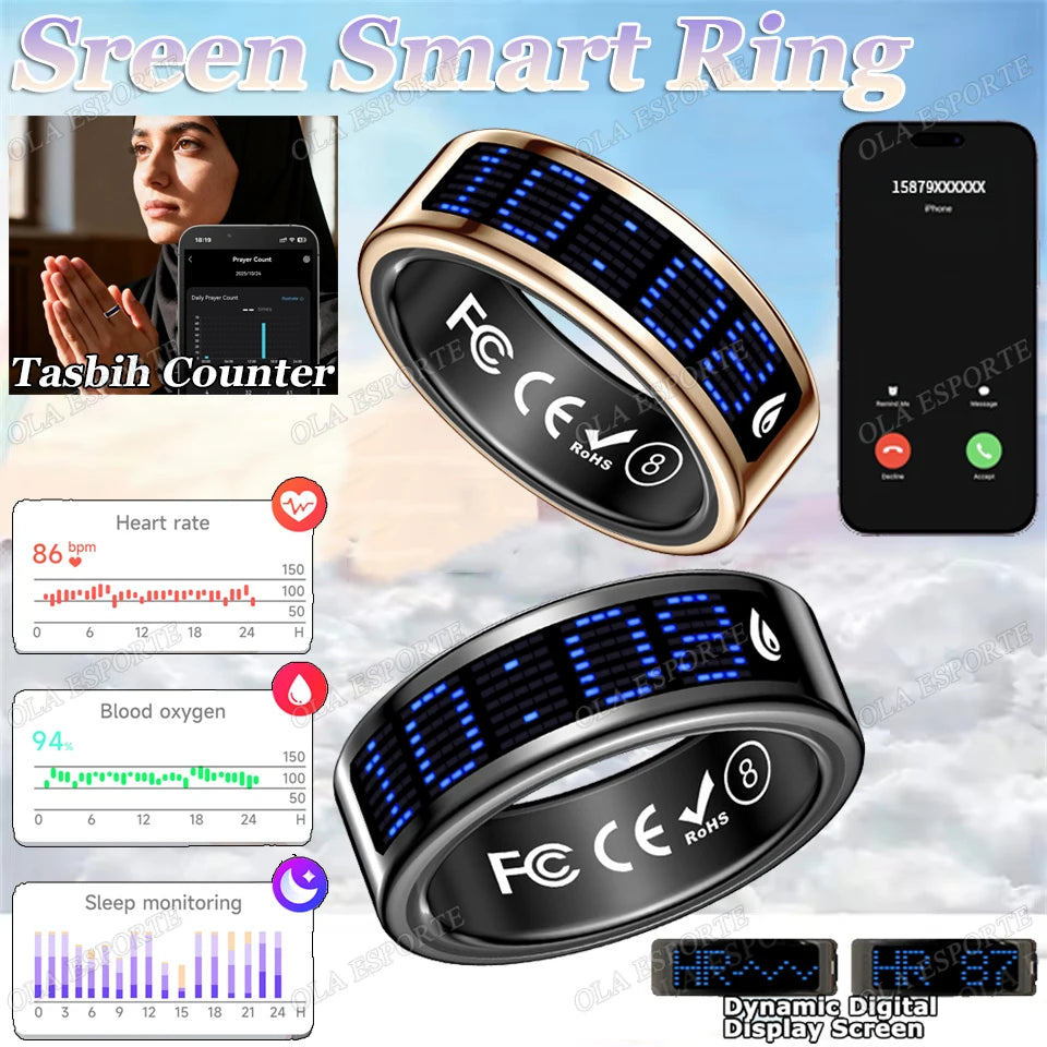 Smart Ring with Display Screen & Touch Control – Call ID Reminder, Tasbih Counter, Health Manager, 5ATM Waterproof Multi-Sport Mode Fitness Ring for Men & Women
