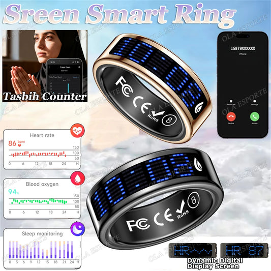 Smart Ring with Display Screen & Touch Control – Call ID Reminder, Tasbih Counter, Health Manager, 5ATM Waterproof Multi-Sport Mode Fitness Ring for Men & Women