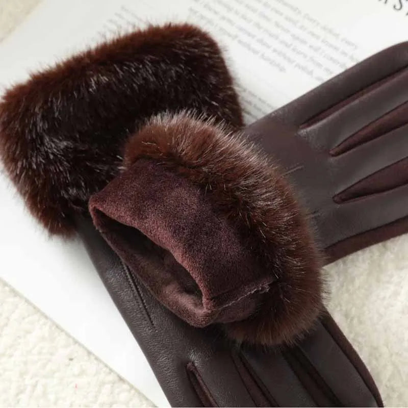 Women’s Winter Faux Fur Gloves - Warm PU Leather Gloves with Thermal Lining and Windproof Cuffs