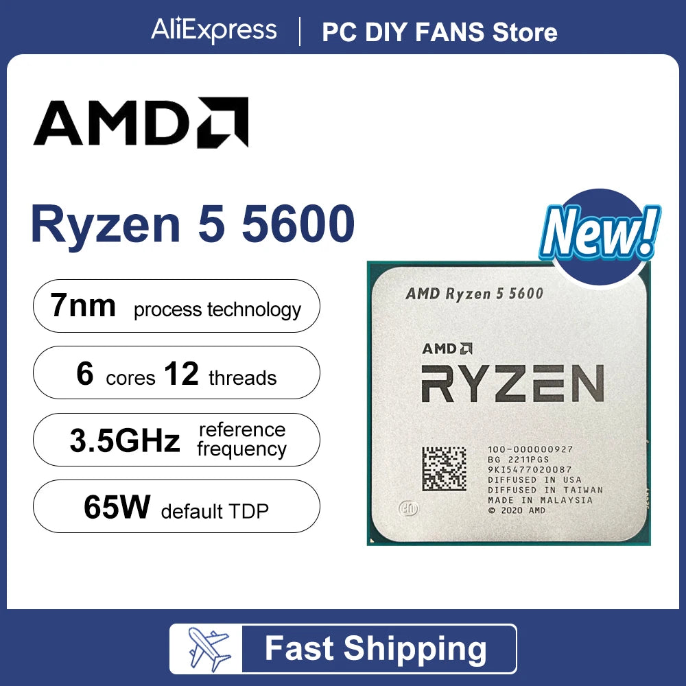 AMD Ryzen 5 5600 CPU Processor - 6-Core, 12-Thread, 3.5GHz, 32MB L3 Cache, 7NM, Socket AM4 (No Fan)