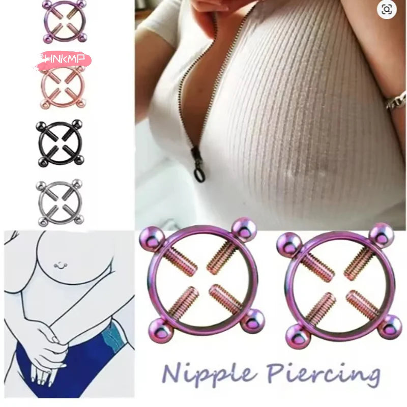 Adjustable Stainless Steel Nipple Clips - Clip-On Fake Nipple Piercing Jewelry for Women in Multiple Colors