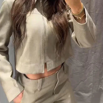 Women’s Cotton Linen Trousers Set — Casual Lapel Crop Top & Straight Pants Streetwear Spring Autumn Outfit