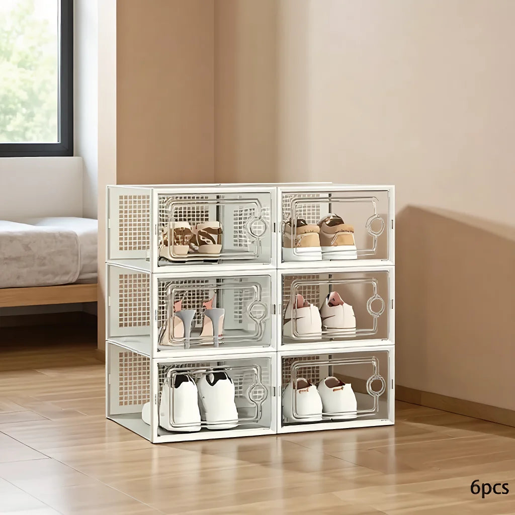 6/12/24PCS Transparent Shoe Boxes – Foldable, Stackable Plastic Shoe Storage Rack with Thick Tape Cover, Space-Saving Organizer