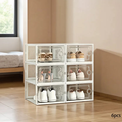 6/12/24PCS Transparent Shoe Boxes – Foldable, Stackable Plastic Shoe Storage Rack with Thick Tape Cover, Space-Saving Organizer