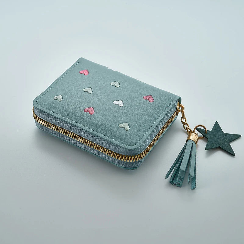 Pu Leather Mini Wallet for Women - Multifunctional Money Clip with Love Embroidery and Certificate Storage