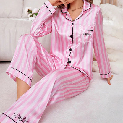 Women’s Stripe Print Satin Pajama Set – Victorian Style Long Sleeve Top & Pants Autumn Sleepwear
