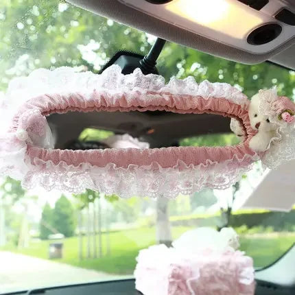 Pink Car Interior Accessories Set - Lace Steering Wheel Seat Belt Gear Shift And Mirror Covers For Women
