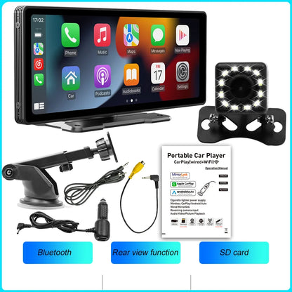 BQCC 10.26-Inch Portable Wireless CarPlay Screen – HD Rearview Camera, Car Radio DVR, MP5 Multimedia Player, Android Auto