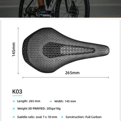 RYET Ultra Full Carbon 3D Printed Bike Saddle — 145mm Lightweight MTB Seat with High Modulus Carbon Fiber Base