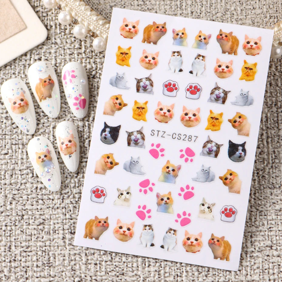 3D Animal Nail Art Stickers - Cute Cartoon Dog, Cat & Bunny Self-Adhesive Decals