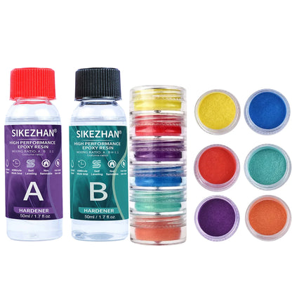 Crystal Clear Epoxy Resin Kit - AB Resin Glue with 6 Color Mica Powder for DIY Jewelry, Nail Art, Soap & Crafts