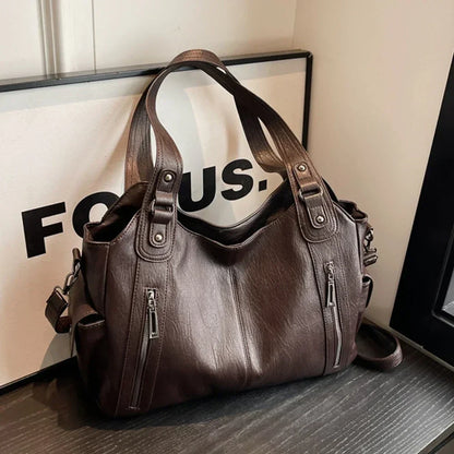 Women's PU Handbag - Soft Interior Compartment Shoulder Bag with Zipper & Contrasting Color Design